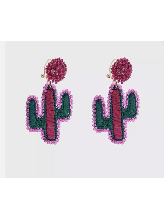 Zara Jewelry - Zara Earrings Cactus Bead Raffia Glitter Statement Boho Crochet Pink New